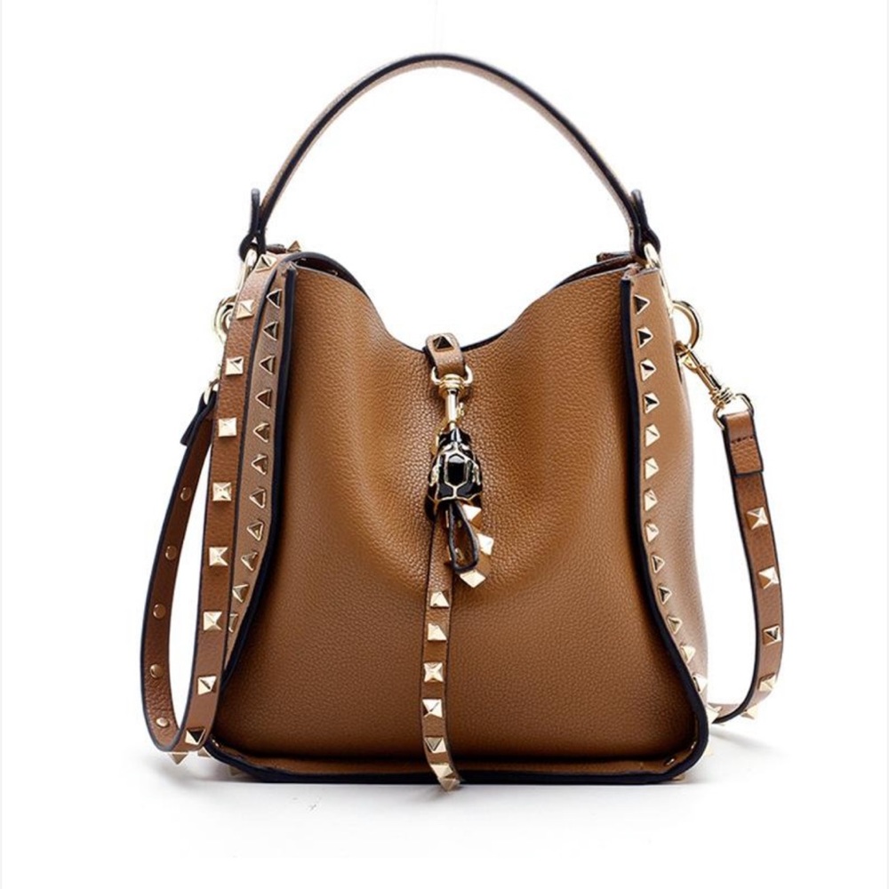 Baginning Genuine Leather and Rivet Bucket Crossbody Handbag